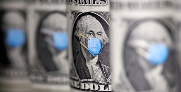 Illustration coronavirus : billet de 1 dollar sur lequel George Washington est représenté avec un masque