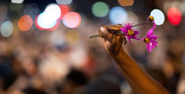 Violences policières États-Unis : une personne brandit une fleur, tandis que les manifestants s'assoient en silence pendant neuf minutes dans le cadre d'une manifestation pacifique pour protester contre la mort de George Floyd