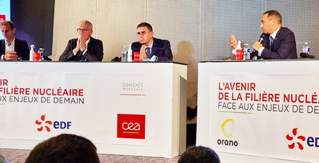 Philippe Knoche (Orano), Jean-Bernard Levy (EDF) et François Jacq (CEA), le 8 octobre 2021 au CEA Marcoule