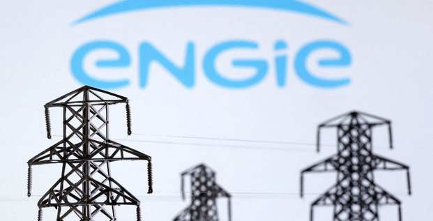 Illustration montrant des miniatures de pylones de transmission d'energie electrique et le logo engie