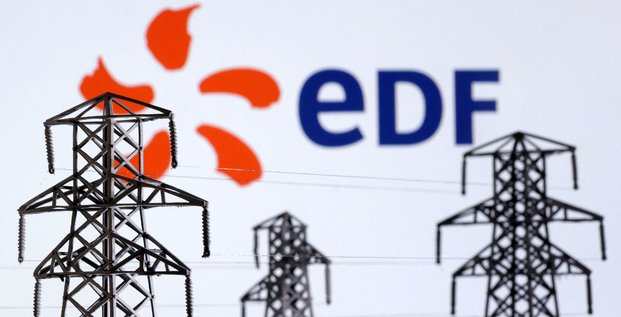 Photo d'illustration montrant des miniatures de pylones de transport d'electricite et logo edf