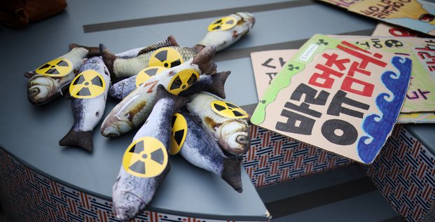 Manifestation contre le projet du japon de deverser dans l'ocean pacifique l'eau radioactive retraitee de la centrale nucleaire accidentee de fukushima