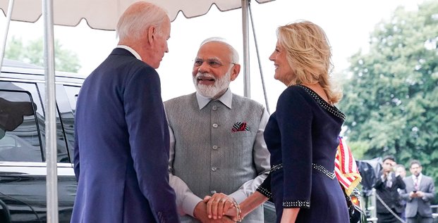 Joe biden et jill biden accueillent le premier ministre indien narendra modi a la maison blanche
