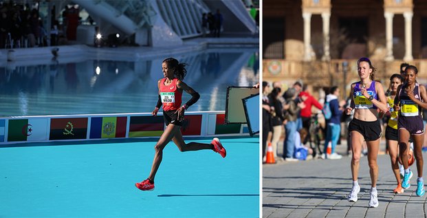 À gauche: Mekdes Woldu lors du marathon de Valence, début décembre. À droite : Méline Rollin lors de celui de Séville, mi-février.