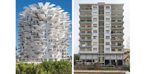 L'Arbre blanc, inauguré en 2019, et le bâtiment d'en face construit dans les années 1960 et baptisé l'arbre gris par l'architecte Yann Legouis, se font face à Montpellier.