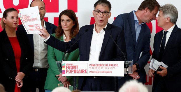 Olivier faure, premier secretaire du parti socialiste francais, lors d'une conference de presse de l'alliance des partis de gauche, baptisee nouveau front populaire, a paris