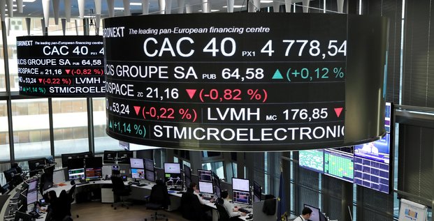 Le cours de l'indice boursier francais cac 40 affiche sur des ecrans de la bourse de paris, a la defense