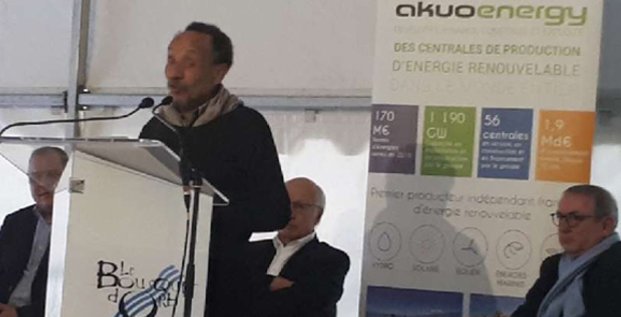 Pierre Rabhi, lors de la pose de la 1e pierre du parc photovoltaïque du Bousquet d'Orb (34) le 9 février 2018.