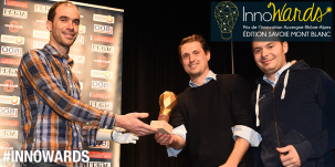 Rémi Thomas et Pierre-François Tissot (prix InnoJump, décerné par le vote du public), fondateurs de l'entreprise In&Motion avec Nicolas Huchet, président d’honneur des InnoWards.