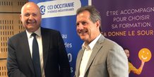 Jean-François Rezeau, président de la CCI Occitanie, laisse la présidence de Purple Campus à André Deljarry, président de la CCI Hérault.