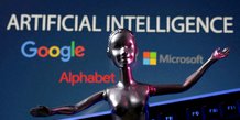 L'illustration montre les logos de google, microsoft et alphabet et les mots ai (intelligence artificielle)