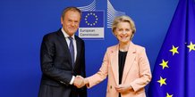 Politicien pro-europeen polonais donald tusk, avec la presidente de la commission europeenne ursula von der leyen a bruxelles